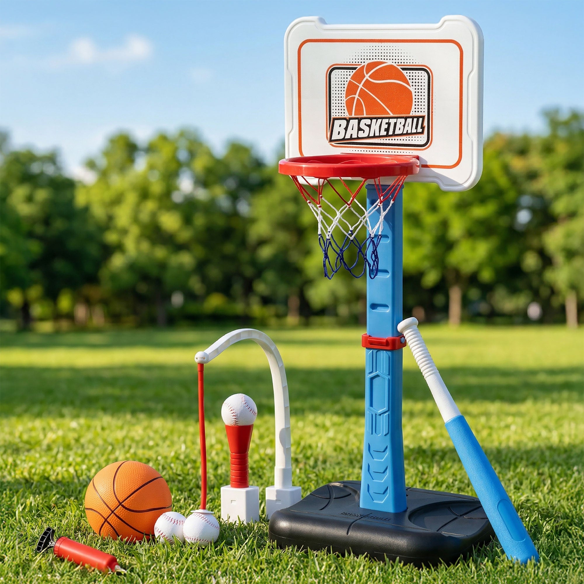 Keezi Kids Basketball Hoop Stand Baseball Set Adjustable Height Sports Toys Blue
